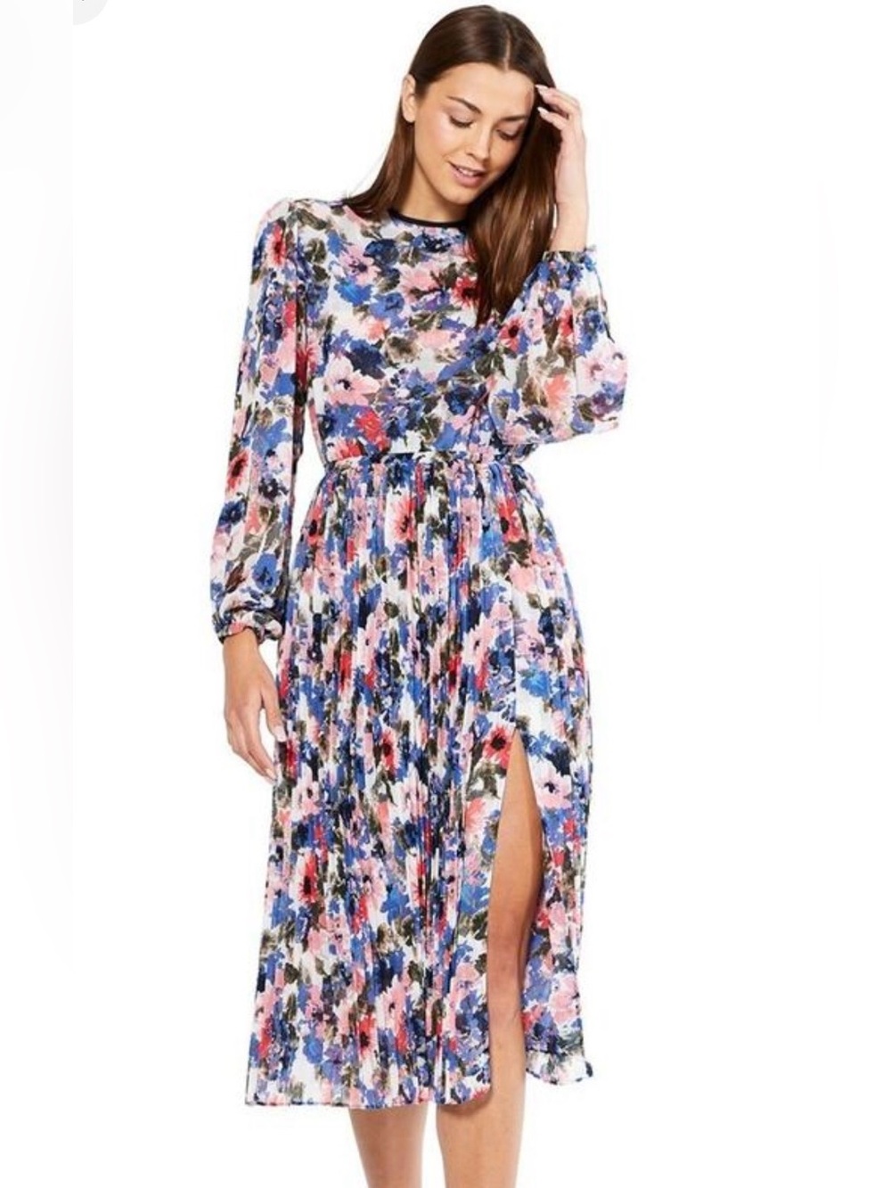 Misa Los Angeles Blue, Pink & White Floral Pleated Midi Dress